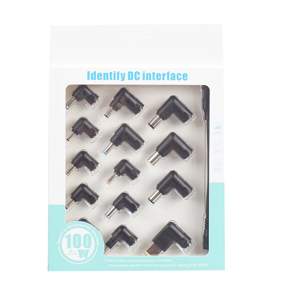 100W 90° L-Shaped Right Angle Type-C PD to DC Laptop Charger Kit with 14Pcs Multi DC Tips Compatible with HP DELL Lenovo Asus