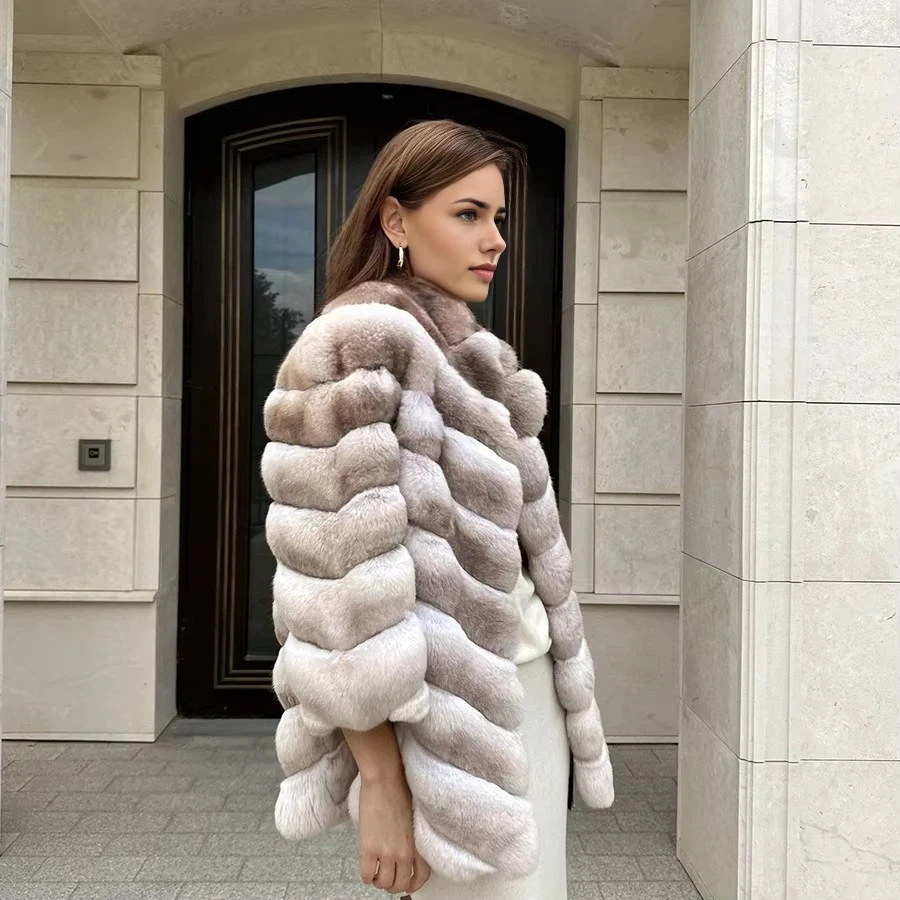 Natural Rabbit Fur Coat Women Chinchilla Colored Real Fur Coat Women Furry Jacket Women New Arrivals Hot Selling