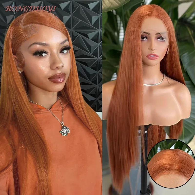 RONGDUOYI Auburn Orange Long Straight Synthetic Front Lace Wig For Women Heat Resistant Fiber Middle Cosplay Makeup Girls Wig