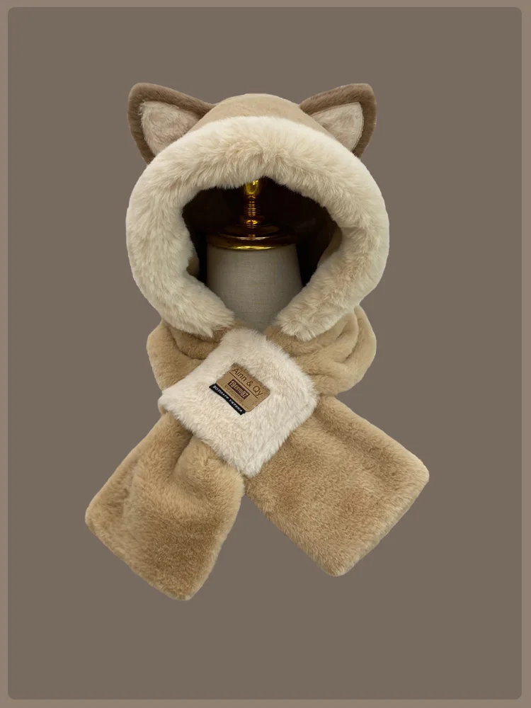 Hat Scarf One Woman Winter All Cute Fluffy Hat Warm Winter Thickened Anti-Freeze Windproof Hooded Bib