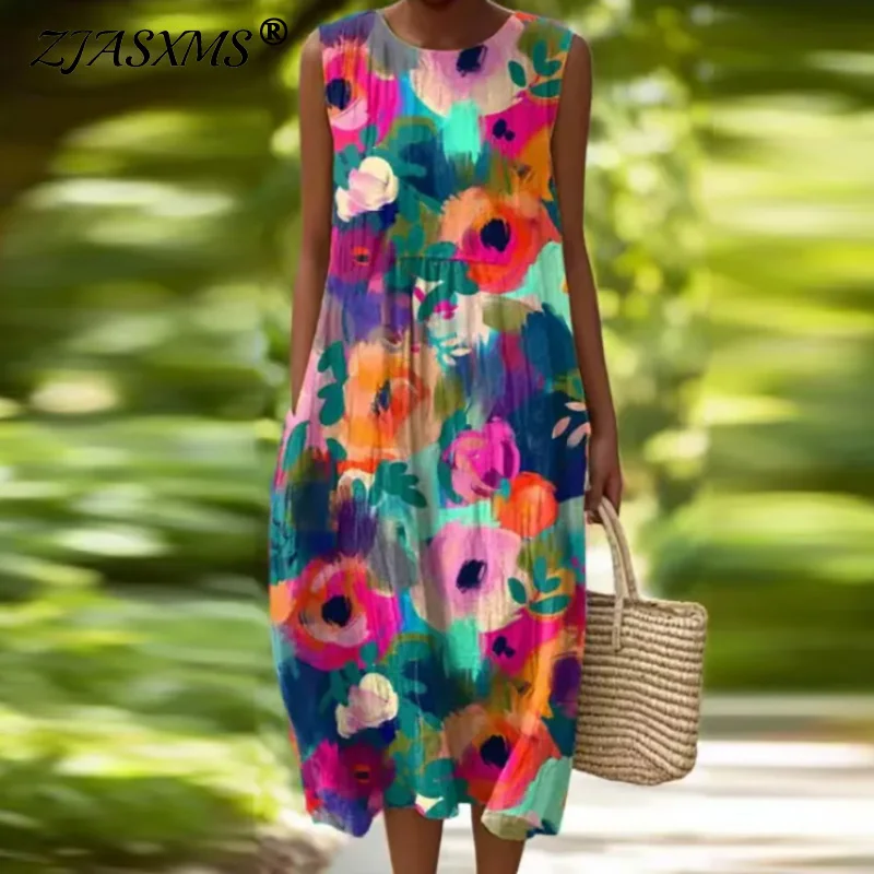 Robe longue plissée avec poches imprimées Vintage, col ras du cou, ample, style Boho, sans manches, décontractée, pour la plage, printemps, été