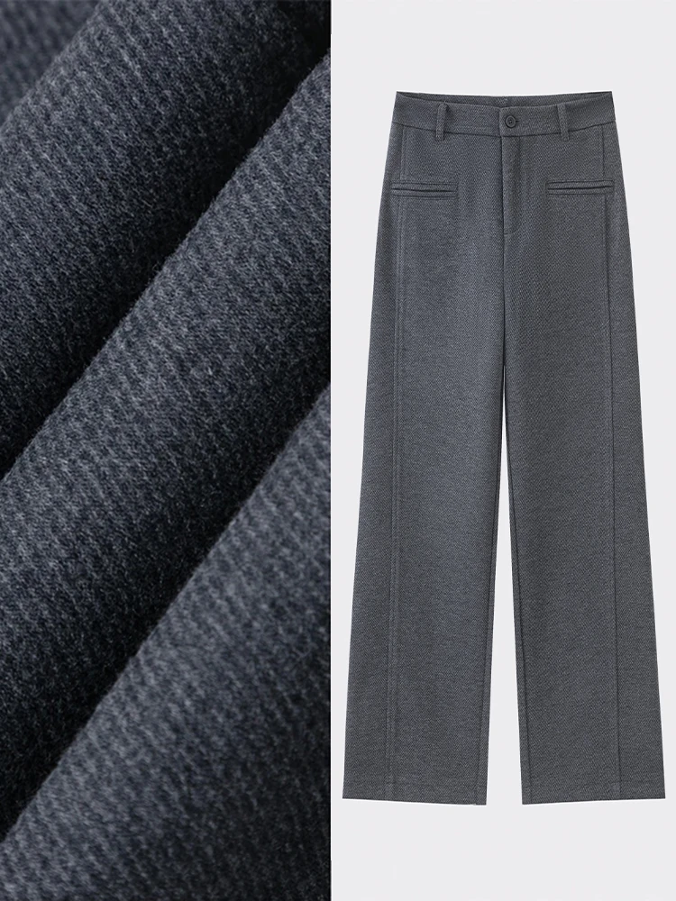 

High Waist Slim Fit Acetate Wool Wide Leg Pants Women's Casual Straight Cut Trousers Autumn Winter Fleece Lined Korean Style