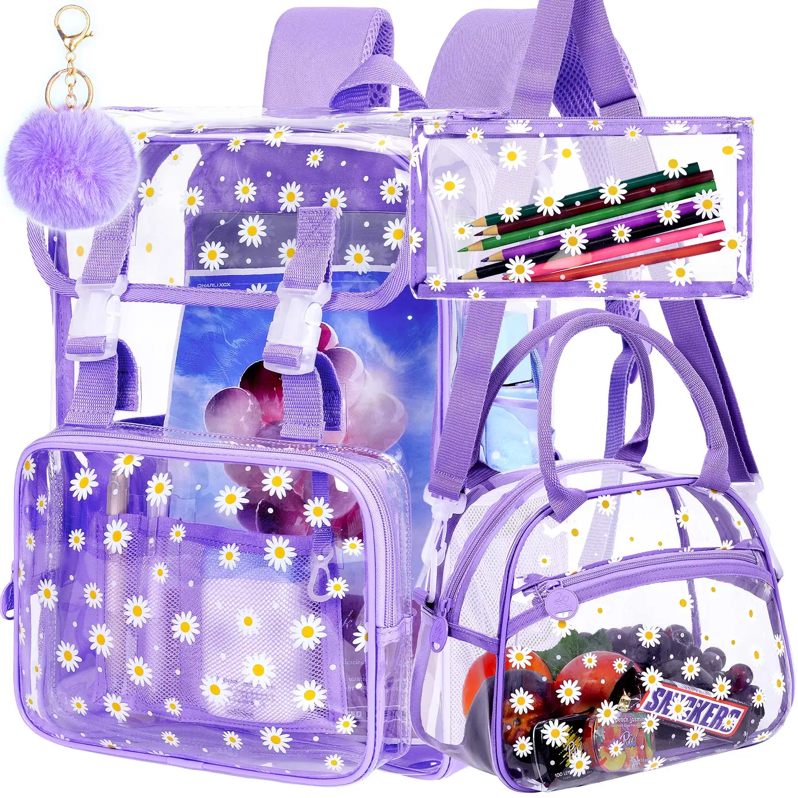 

3Pcs Clear Backpack for School, Girls Kids Transparent Bookbag Set, 17" Daisy Stadium Approved See Through Backpack with Lunch B
