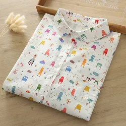 Spring Tops 100% Cotton 2026 Fashion Women Trending Japan Style Kawaii White Cartoon Printed Blouses Long Sleeve Cute Shirts