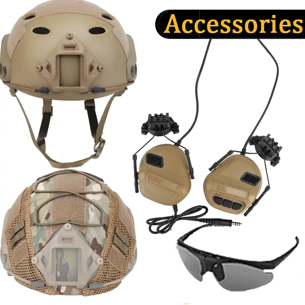 Tactical Fast Helmet Set with Military Headset Multicam Helmet Cover & Airsoft Goggles, Adjustable Outdoor Hunting Shooting Gear