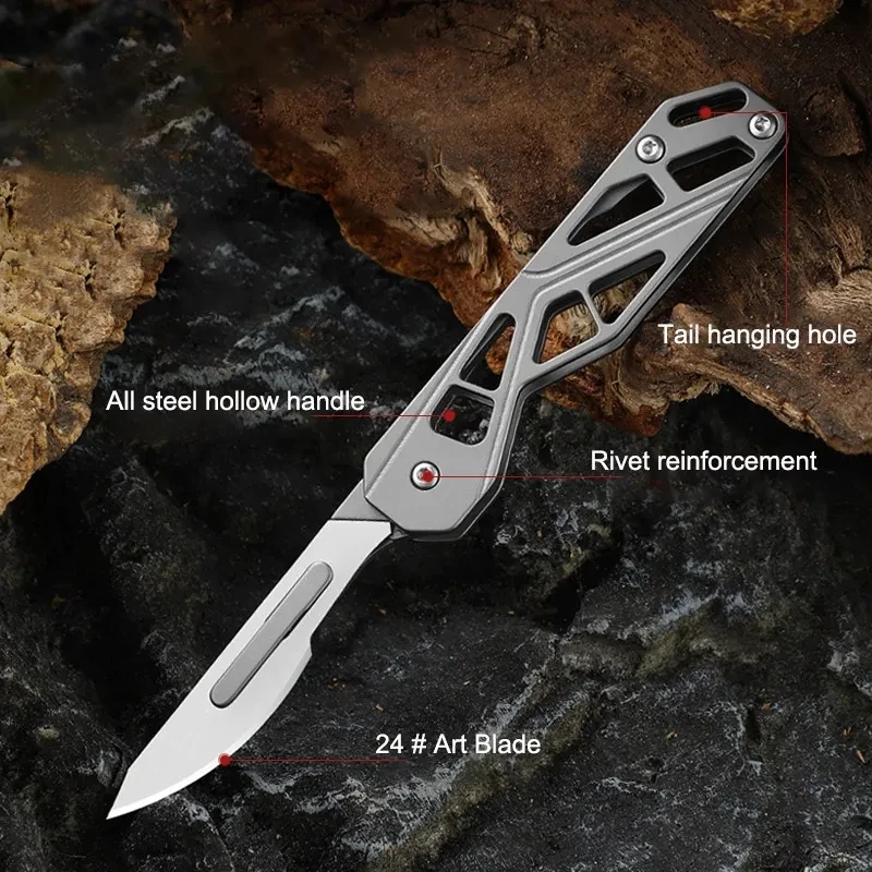 Couteau pliant à manche évidé, scalpel en acier inoxydable, coupe-déballage portable, multi-outils de survie EDC, boîte de scalpel, nouveau