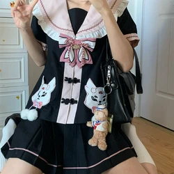 Japanese Kawaii Preppy Style JK Uniform Skirt Sets Women Bow Sailor Collar Coat Ruffles Mini Skirts School Girls Y2k Lolita Suit