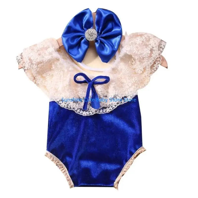

C5AF Newborns Photoshooting Props Headwear & Lace Jumpsuit Baby Christmas Costume