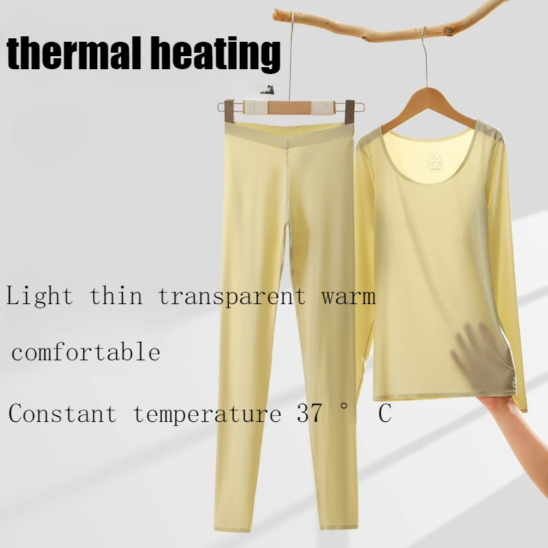 Yoga Suit Self Heating Thermal Underwear for Women No Binding Feeling 2-piece Set Ultra-thin Base Shirt Long Sleeved Top