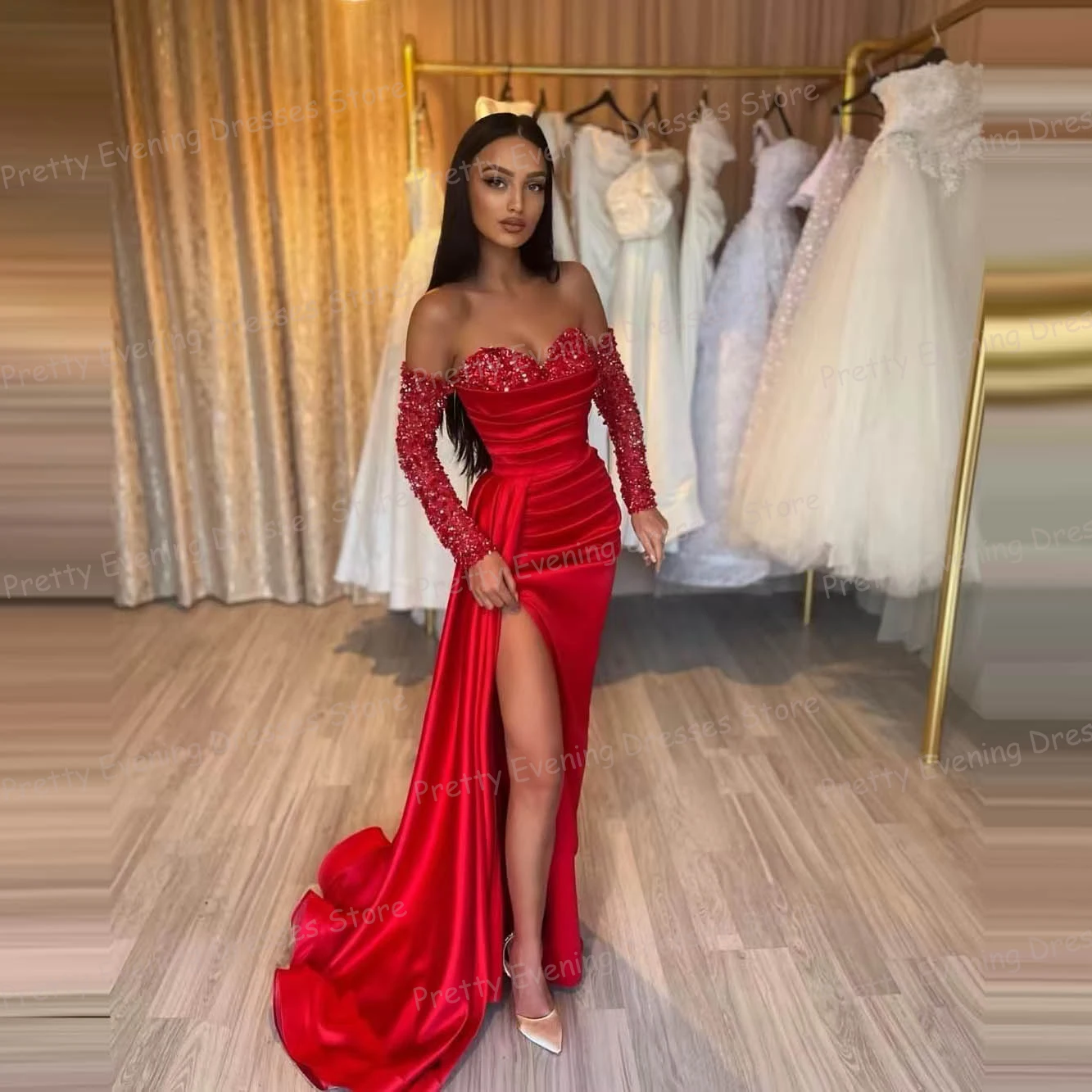 Simple Red Evening Dresses Woman's Mermaid Prom Gowns Sexy Long Sleeve Sequined Sweetheart Customized Vestido De Fiestas Fashion