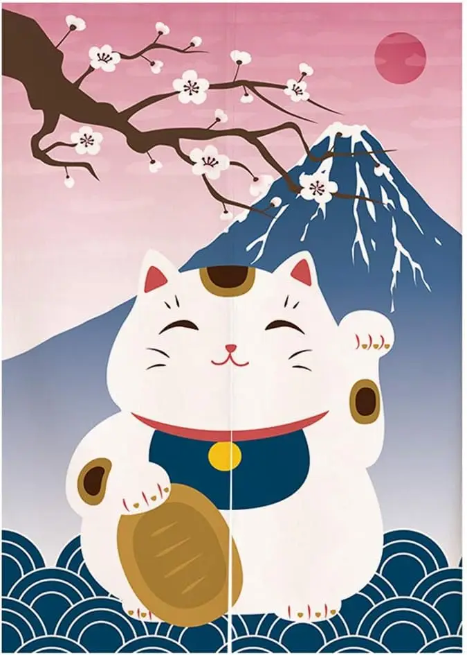 Japanese Lucky Cat Noren Curtain, Maneki-neko with Mount Fuji & Sakura Print, Japanese Door Curtain for Sushi Bar Izakaya Decor