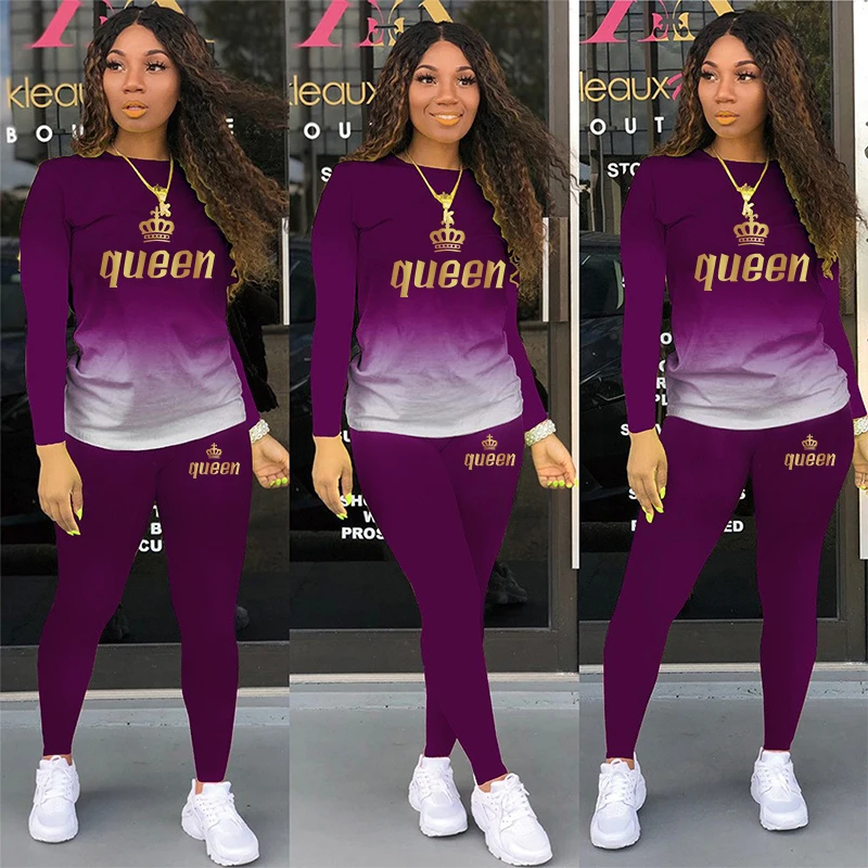 New Women Queen Printing Tracksuit Gradient Long-sleeved Pants Casual Sport Suit Spring Autumn 2 Piece Set 5 Colors Jogging Suit