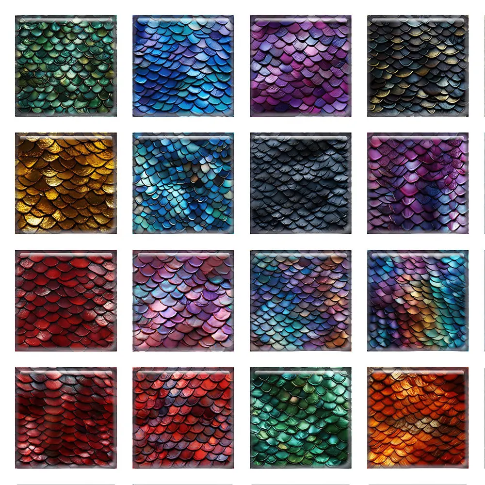 Random Mixed Round/Oval/Square Iridescent Dragon Mermaid Scale Photo Glass Cabochon Flatback Demo Cameo For Diy Jewelry Making