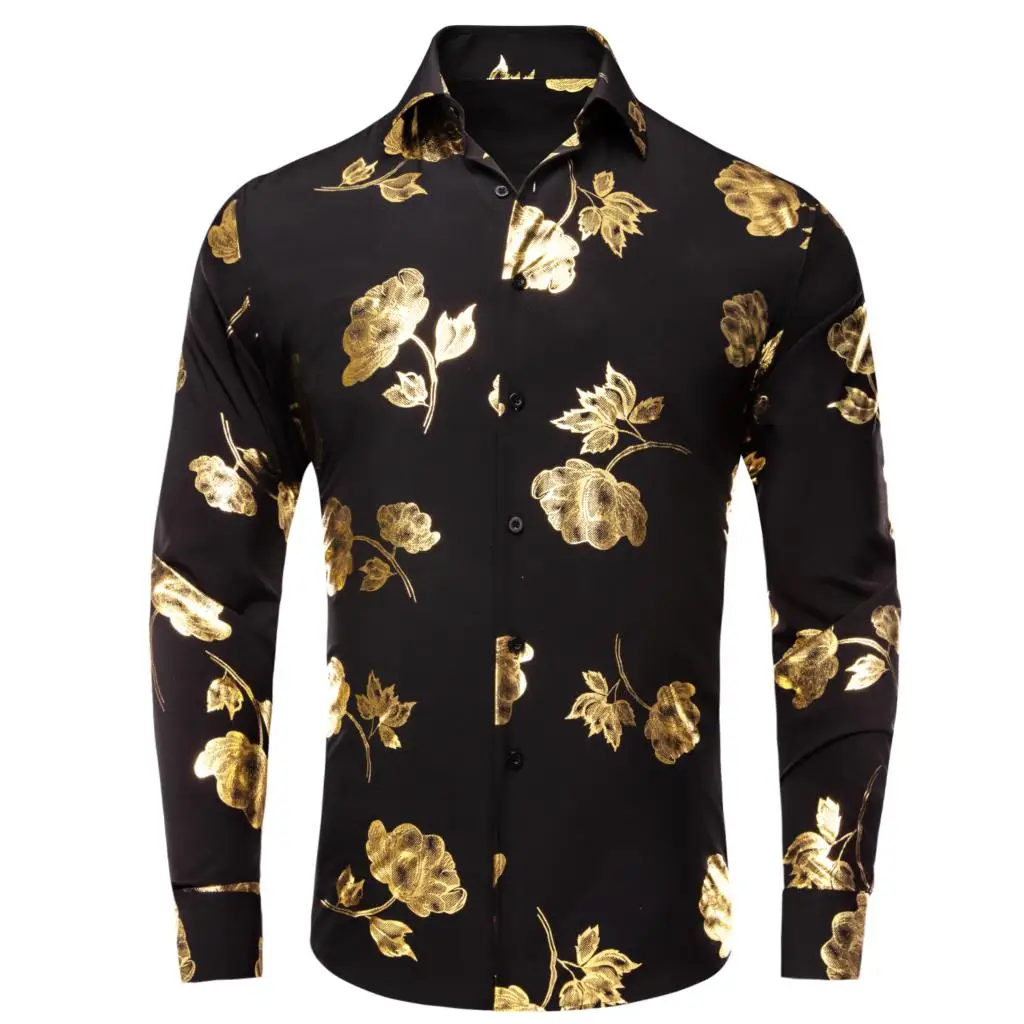 Camicie da uomo in seta oro nero Hi-Tie camicia con risvolto a maniche lunghe primavera estiva camicetta morbida Hawaii per affari di nozze maschili oversize