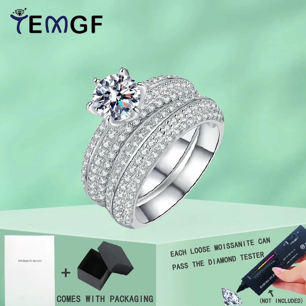 

TEMGF Fashion Luxury S925 Sterling Silver Ring 6.5mm Moissanite/Zircon Inlay Sparkling Fine Jewelry Trendy Lovers Ring 1 Pair