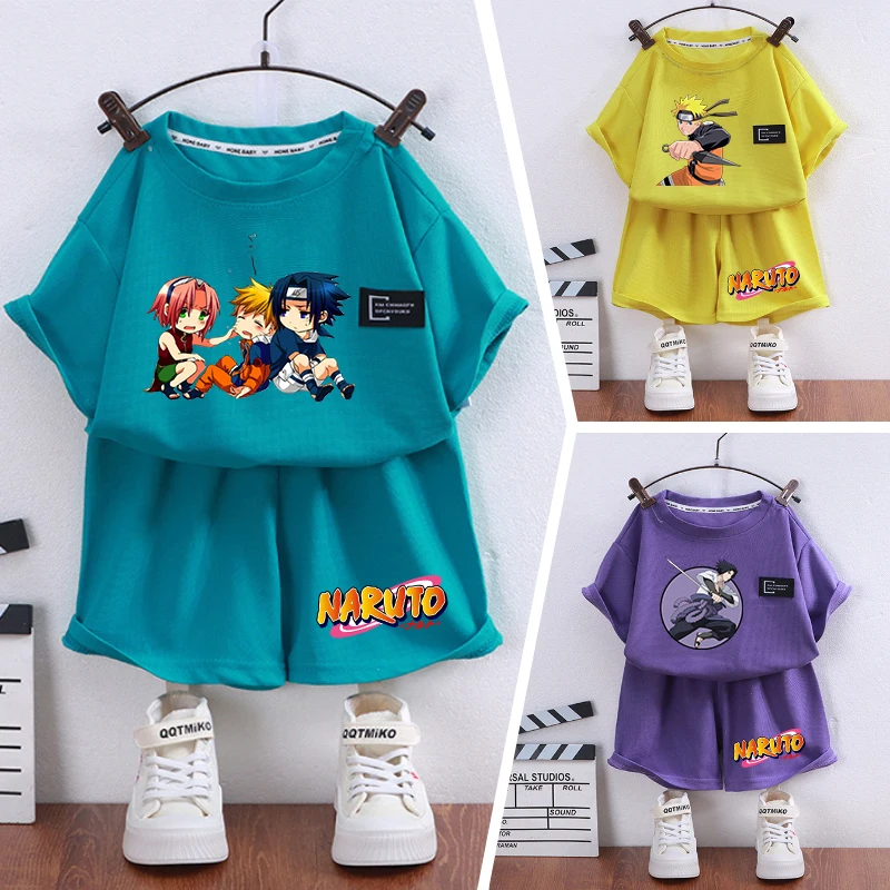 

Narutos T-shirt Shorts 2-piece Boy Girl Cartoon Anime Short Sleeve Pants Set Children's Leisure Sports Home Clothing Kid Clothes