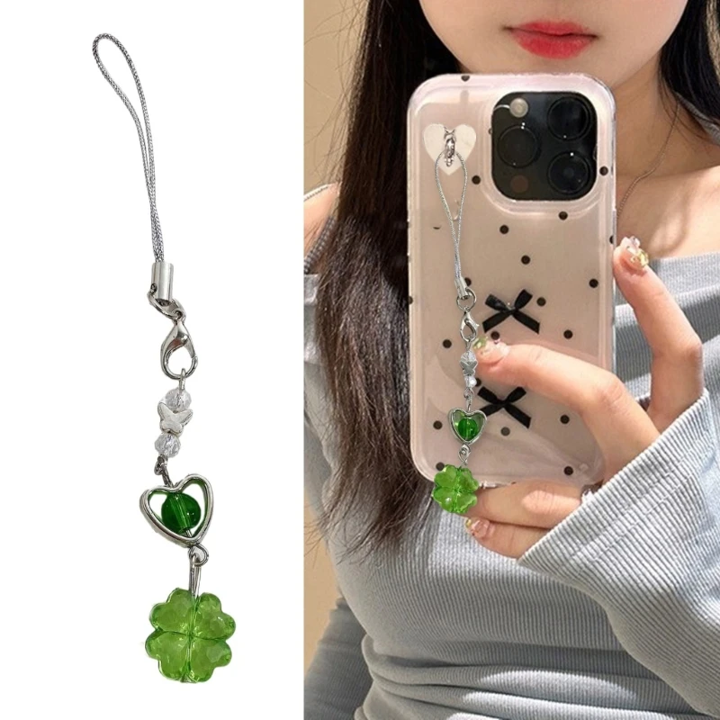 Four Leaf Clovers Bead Phone Lanyard Charming Lucky Clovers Phone Jewelry Easy Attach Bead Accent Phone Chain Lanyard