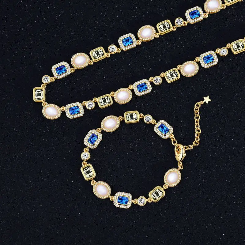 Luxury retro hip hop men mixed opal pearl blue gem tennis set adjustable jewelry sets for rapper banquet dating occasions