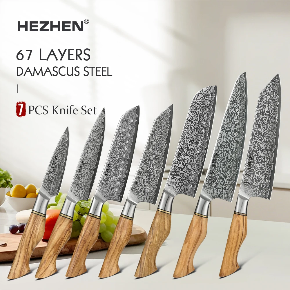 HEZHEN 1-7-teiliges Messerset aus Damaszener Stahl, Kochmesser, Brotmesser, Allzweckmesser, Santoku-Messer, Schälmesser, Kuchenmesser, Fleischmesser, professionelles Küchenmesserset