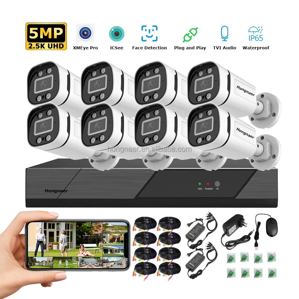 Hongnaer 5MP DVR 8 Channel Digital Video Recorder Analog Security Camera Set Kit Surveil System Indoor Outdoor CCTV System
