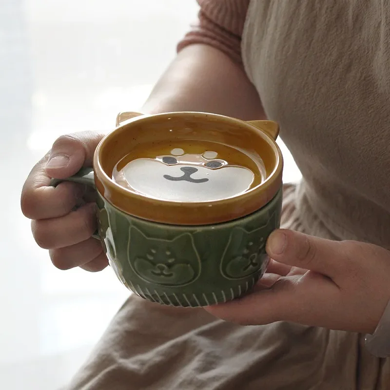 Japanese-style covered mug Shiba Inu panda ceramic cup household water cup coffee cup breakfast cup milk cup couple cup