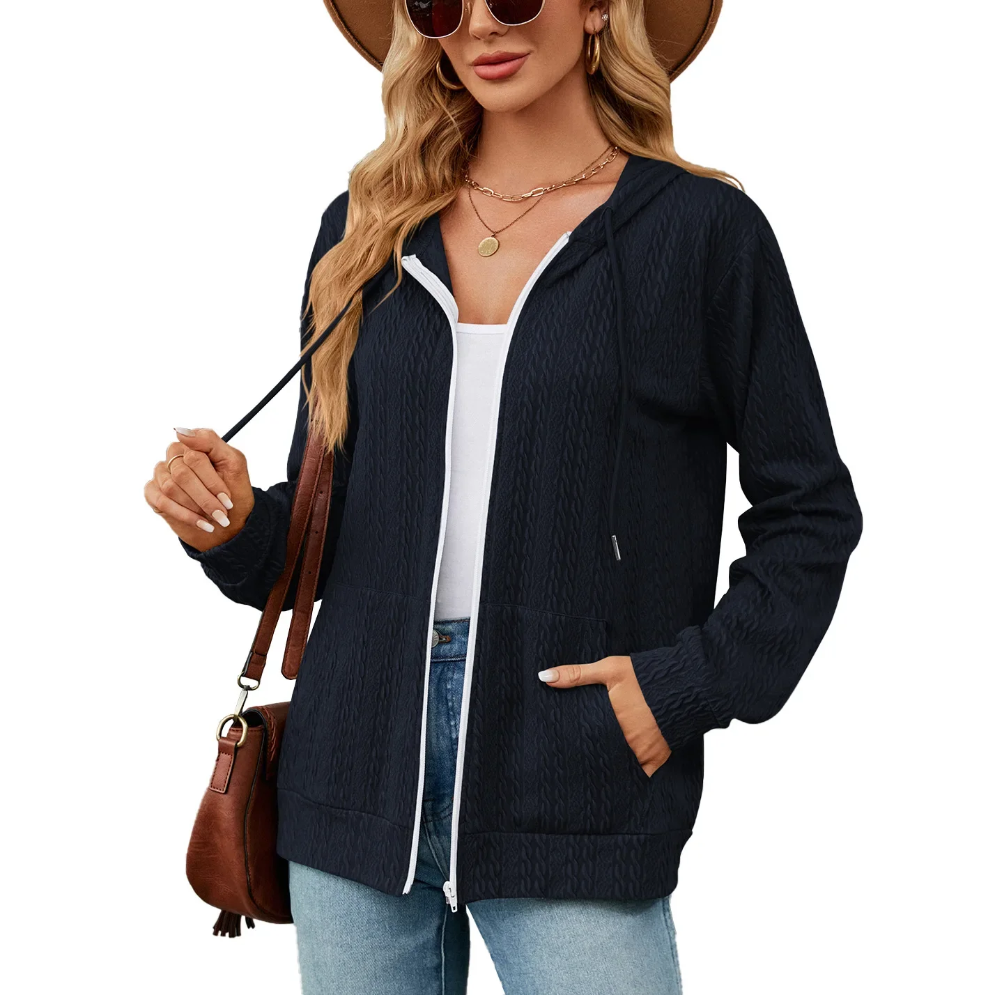 Women Long Sleeve Cardigan Hoodie Sweatshirt Zipper Solid Lace Up Pockets Tops