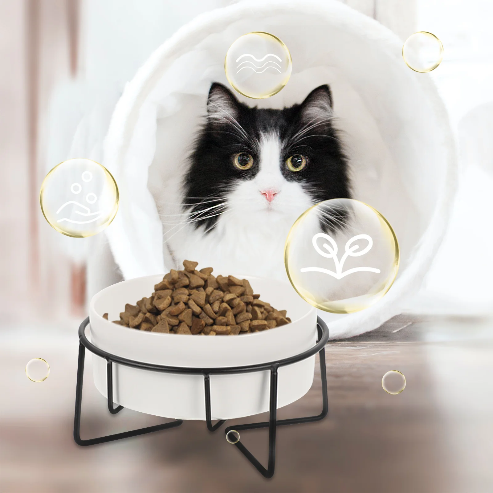 

1Set Metal Stand Cat Bowl Smooth Surface Easy Clean Raised Feeding Bowl 400ml Pet Supplies Raised Cat Food Bowls