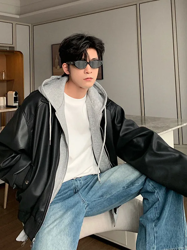 

Men's Loose PU Leather Biker Jaet Street Sle Trendy Hooded Coat Autumn Winter Faion Outerwear Versatile Long Sve Zipper