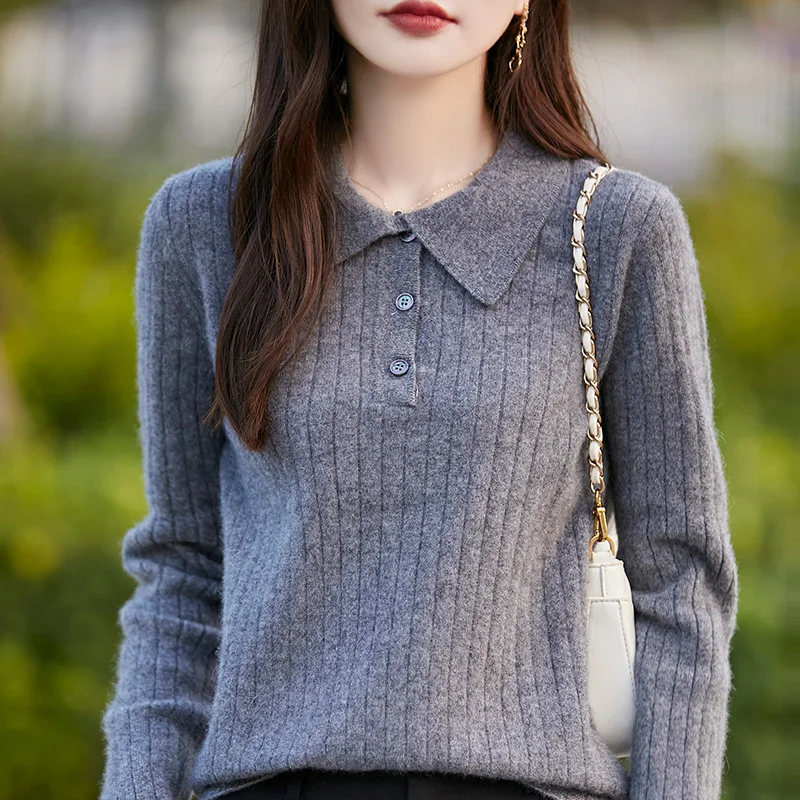 Autumn/Winter New 100% Wool Sweater Women's Casual Solid Color Knitted Tops Loose POLO Collar Blouse Fashion Pullover