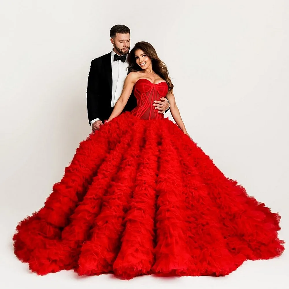 

Красное тюлевое бальное платье для выпускного вечера с вырезом «сердечко», многоярусное, с корсетом на спине, для девочек, для конкурсов красоты