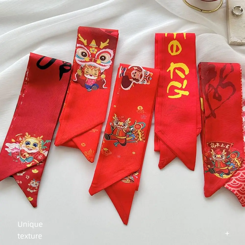 

Retro Dragon Pattern New Year Red Silk Scarf Printed Hair Tie Long Scarf New Year Scarves Ribbon Headband Scarf Hair Band Women