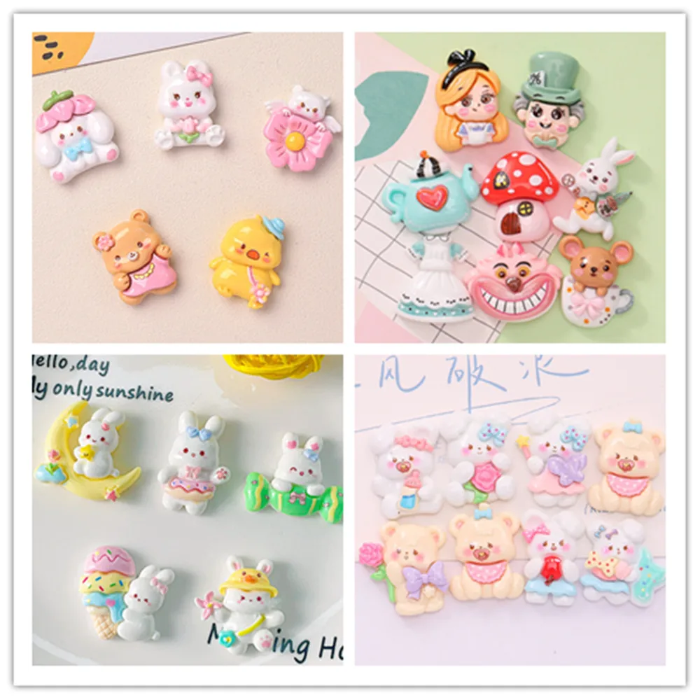 100pcs Cute Mini Cartoon Disney Alice Rabbit Bear Flat Back Resin Cabochon DIY Jewelry Crafts Decoration Dollhouse  Accessories