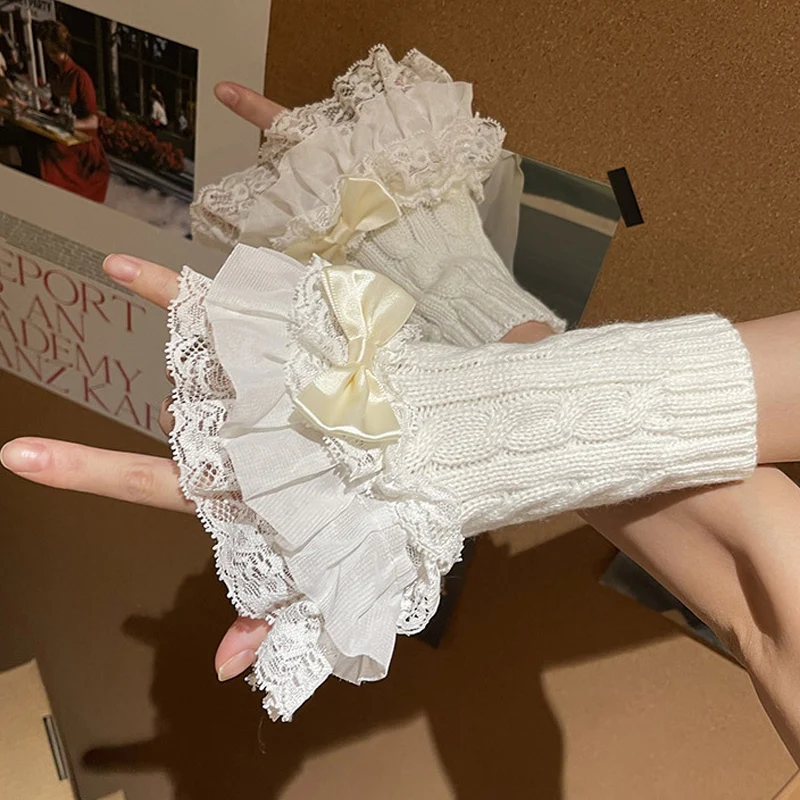 Lolita Bowknot gefälschte Ärmel Frauen Mädchen gestrickte Spitze Rüschen Manschetten falsche Ärmel y2k Gothic finger lose abnehmbare Handgelenk wärmer