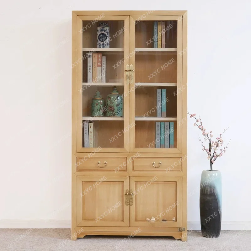 Modern log paint-free glass solid wood bookcase New Chinese camphor wood bookshelf combination bookcase Room locker display
