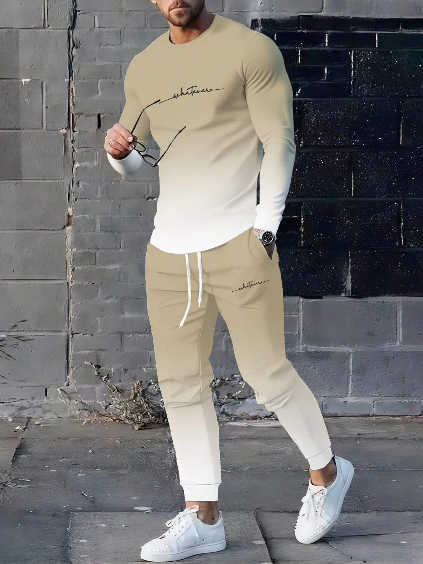 O novo conjunto de moletom masculino com gola redonda para primavera e outono apresenta conforto da moda de rua e impressão gradiente