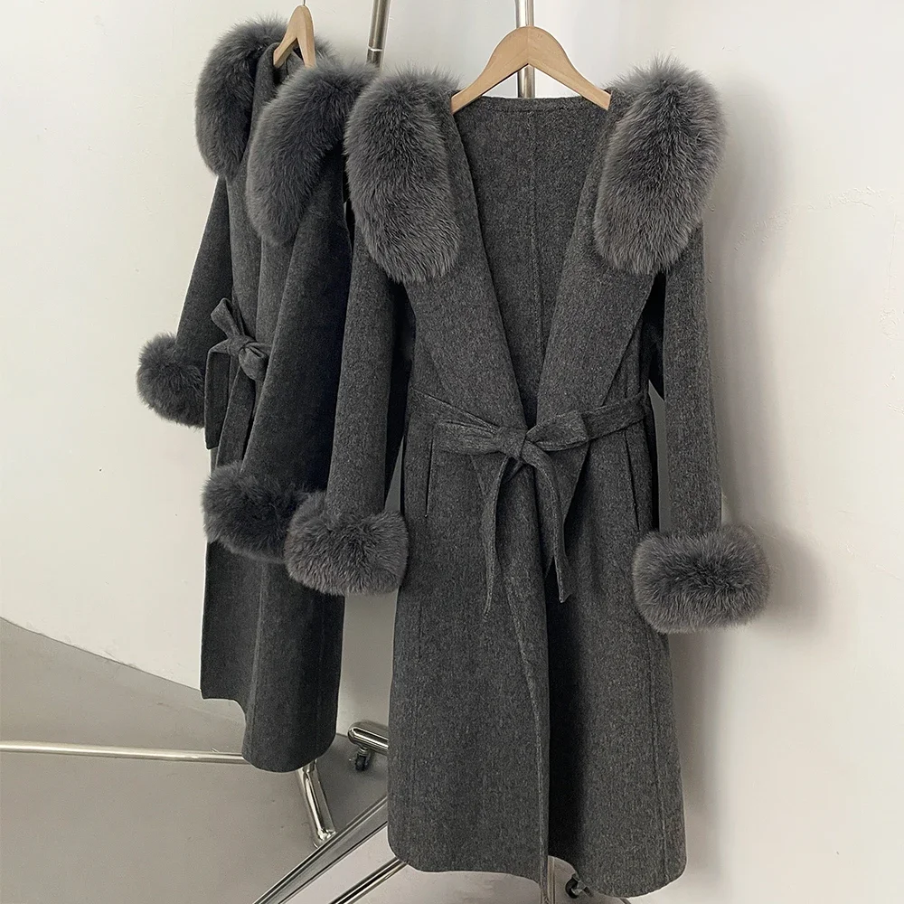 OFTBUY New Winter Warm Hood Solid Woolen Overcoat for Women Long Wool Blend Coat Women Real Fox Fur Belted Waist Jacket Female