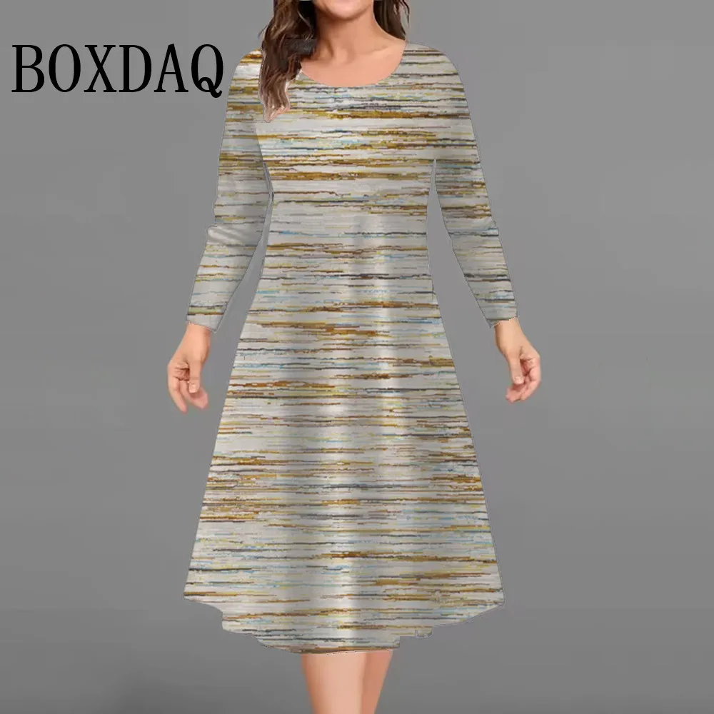 Jesienne Retro Sukienki z Długim Rękawem Damskie Sukienki Tie Dye w Paski z Nadrukiem Codzienna Sukienka z Okrągłym Dekoltem Luźna Mini Sukienka Plus Size 9XL