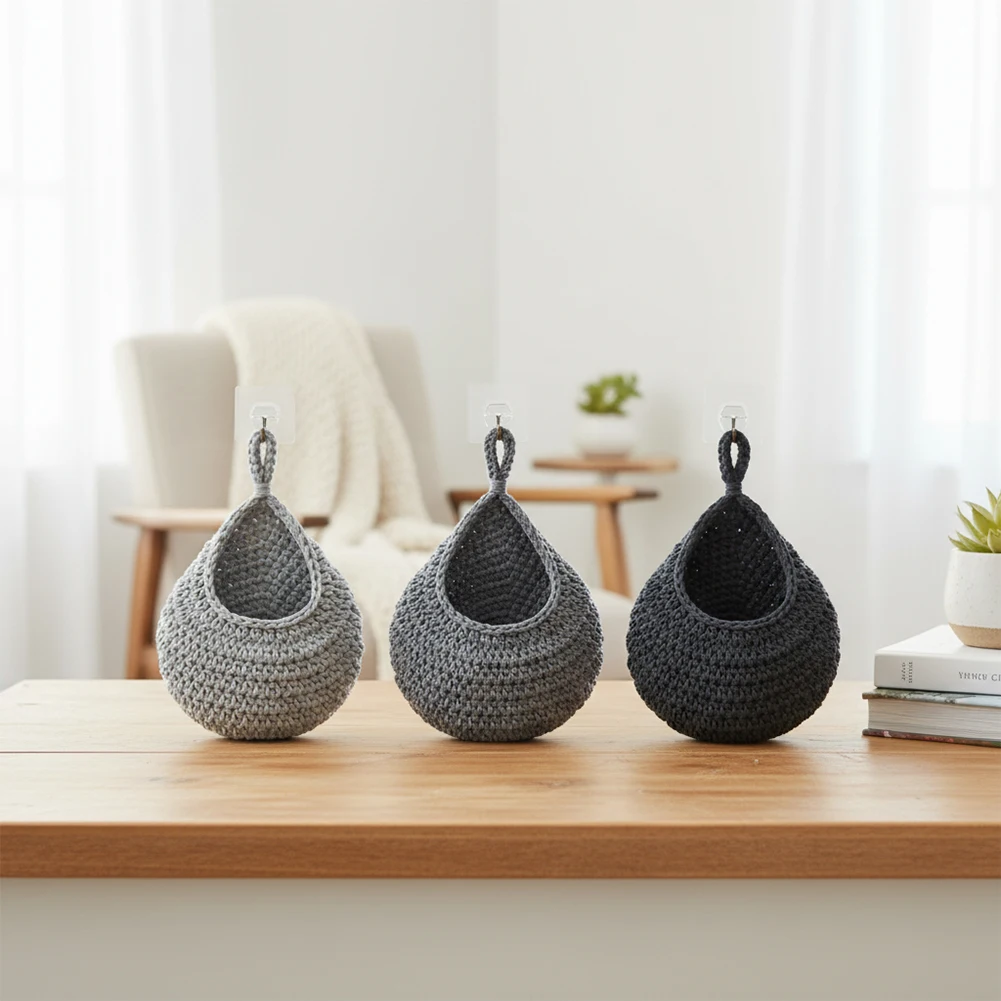 

3pcs Boho Hanging Storage Baskets Handmade Cotton Rope Wall Mount Fruit Organizer For Kitchen Home Decor Rack Holder