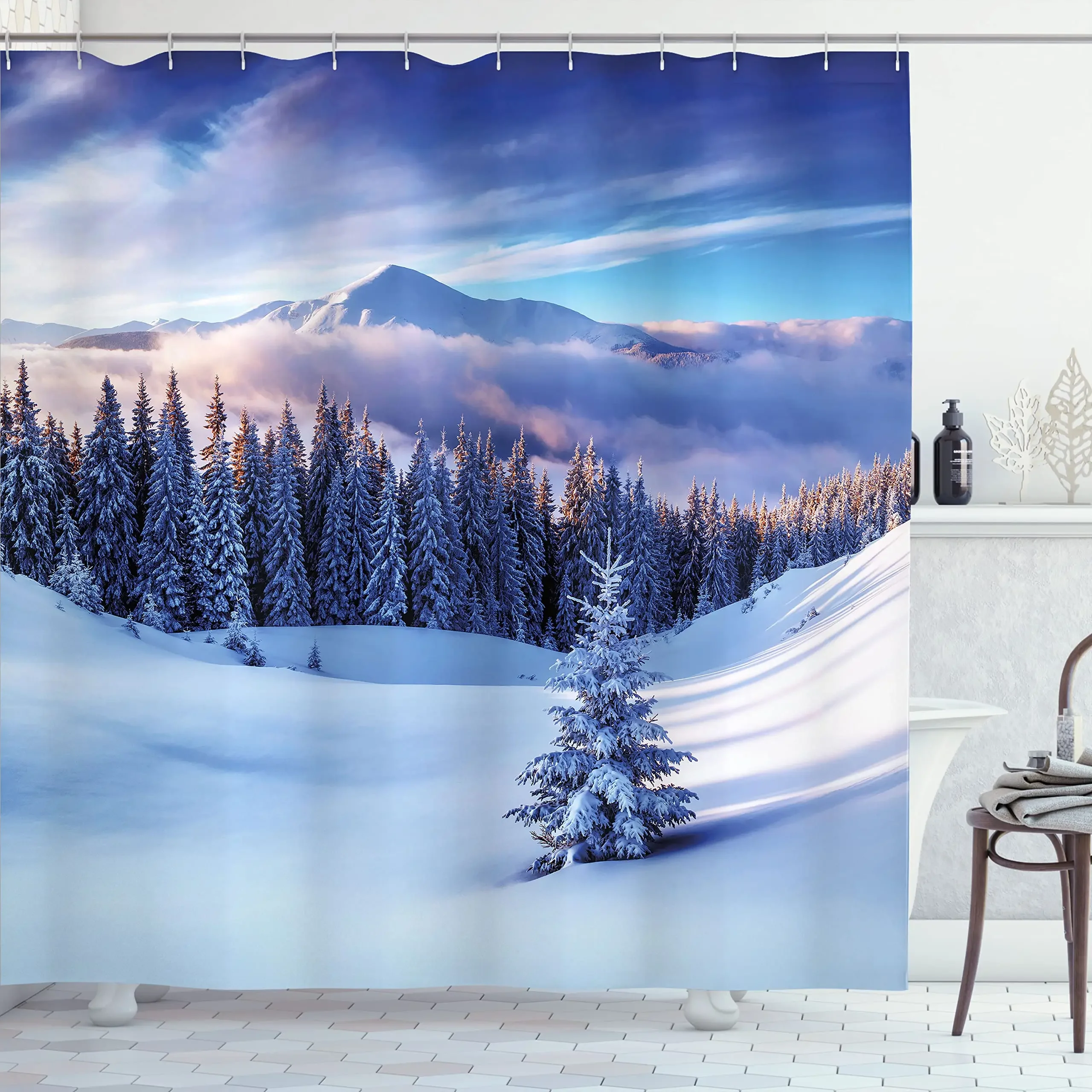 Winter Landscape Shower Curtain Cold Season Scenery Snow Mountain Peaks and Snowy Coniferous Pine Trees Bathroom Decor Screen