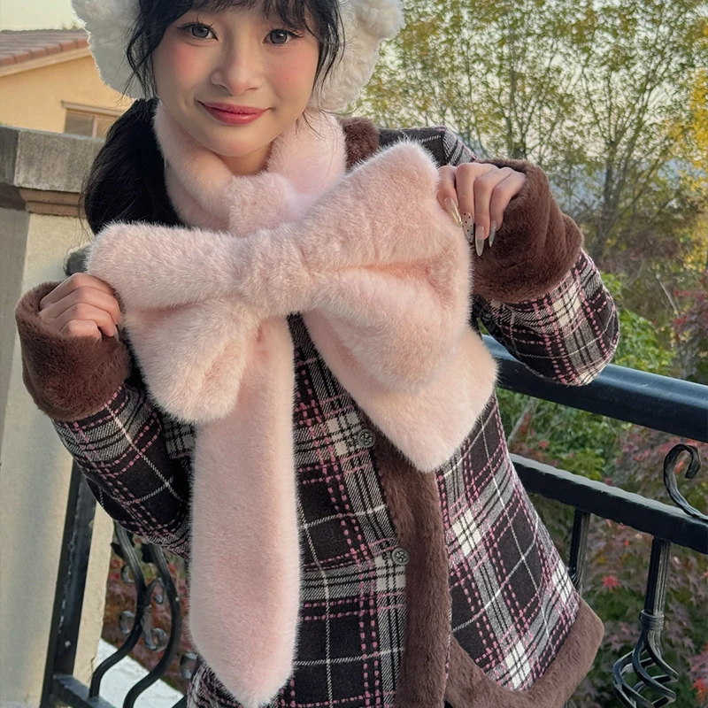 

Winter Warm Plush Big Bow Scarf Sweet Girls Kawaii Scarves Korean Fashion Windproof Neckerchief Lolita Style Kawaii Warm Scarf