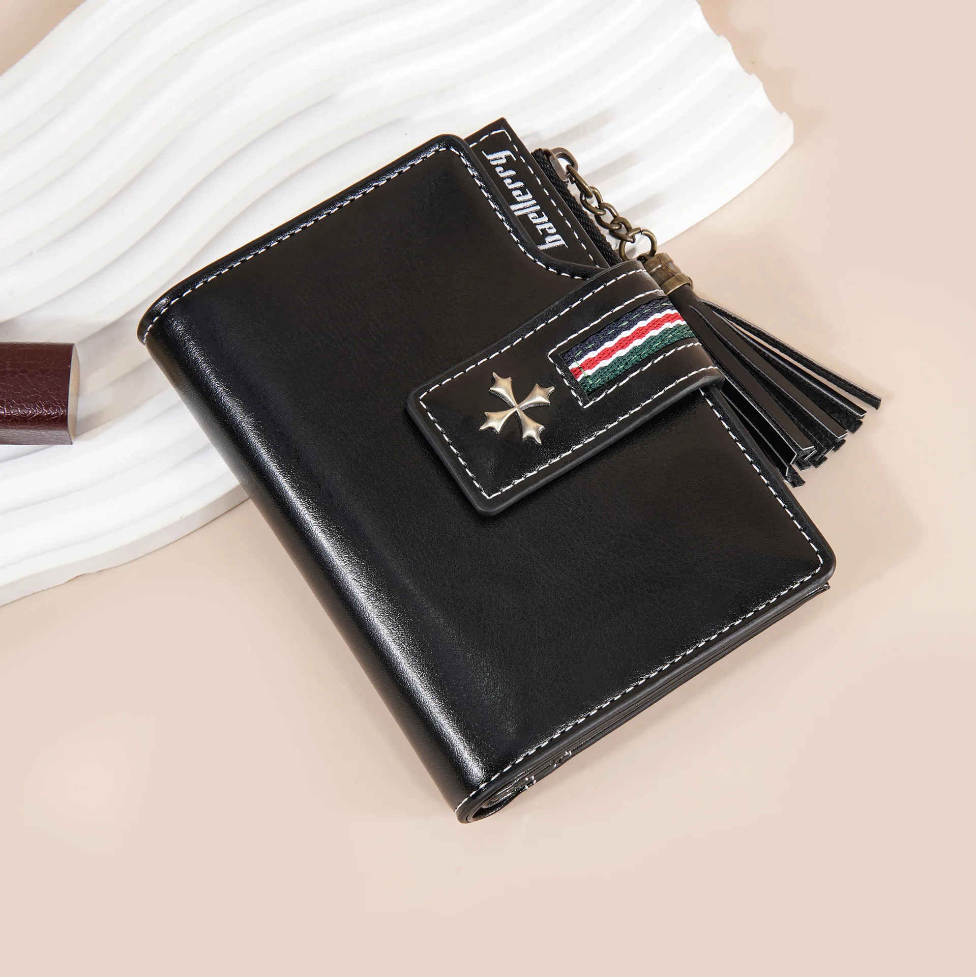 Neue PU-Damenbrieftasche mit Ölwachs-Lederquasten, Modische Dreifach Gefaltete Kurze Geldbörse, Mehrfach-Fach Reißverschluss-Münzbörse – Detail 30