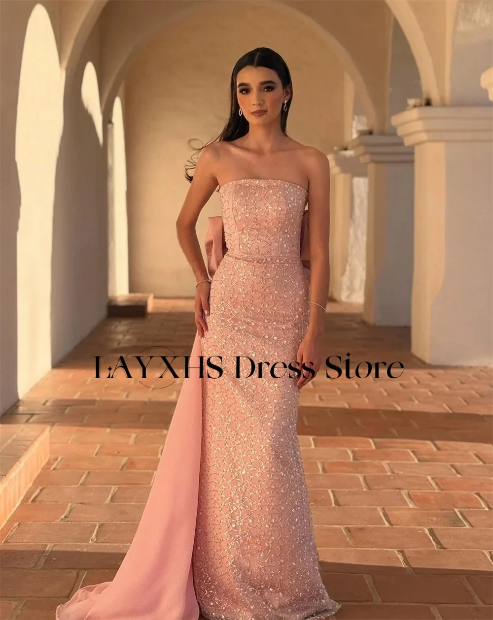 

LAYXHS Великолепные розовые блестящие вечерние платья без бретелек Русалка Кружева с бисером и бантом сзади Пром платья по индивидуальному заказу Vestidos de fiesta