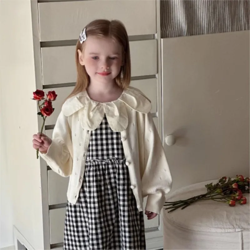 

UNITIM Korean Spring 2-8 Girls 2PCS Clothes Set Solid Knitted Cadigan Lapel Plaid Sleeveless Dress Suit Kids Girls Outfits
