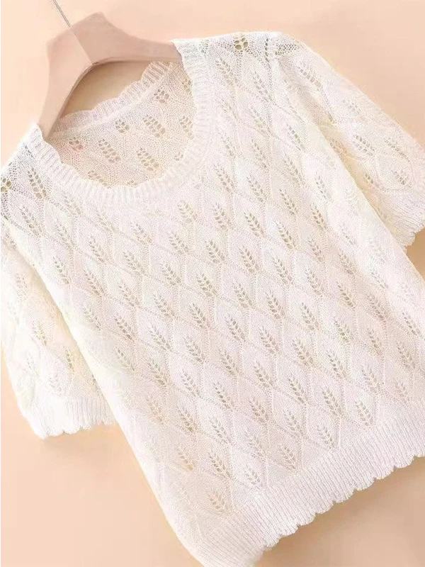 

Summer Ice Silk Hollow Knitted Top Thin Short Sleeve Women's Loose round Neck Short Design Elegant Top Polyester Fiber Blend