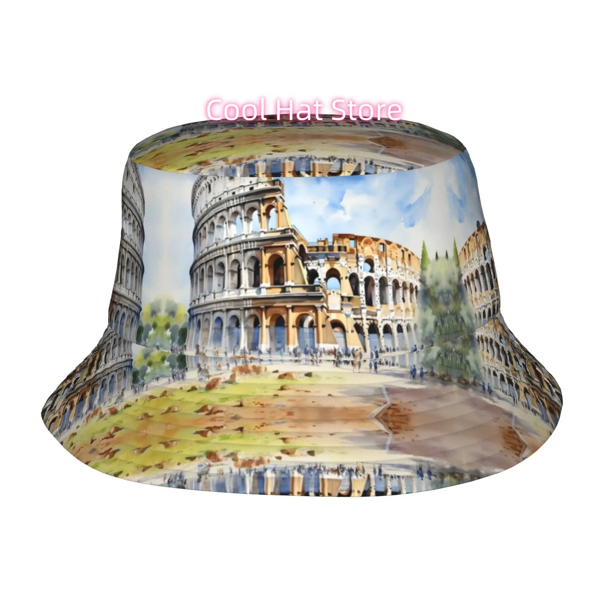 1pc Watercolor Roman Colosseum Fully Printed Fisherman Hat Beach Hat, Unisex Outdoor Sun cat, Sun Hats, Fashionable Bucket