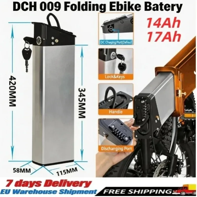 48V 14Ah 17Ah DCH-009 E-Bike Lithium-Ersatzakku, eingebautes mehrschichtiges BMS mit Schutz vor Überhitzung, Überladung und Kurzschluss, Langstrecken-Ersatzakku geeignet für Engwe EP-2 Pro Engine Pro