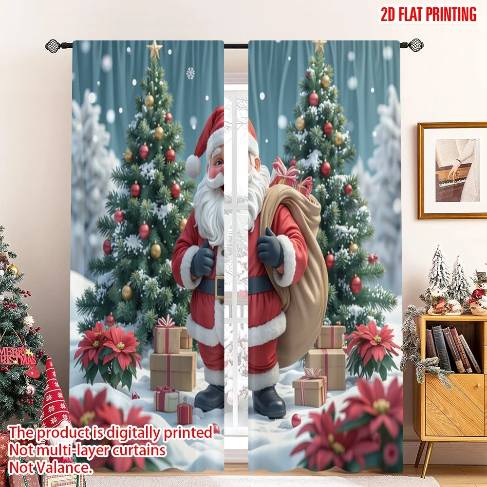

2pcs 2D flat printing Merry Christmas Popular Window Curtains Santa Claus Christmas Tree Snow Fabric Without Electricity