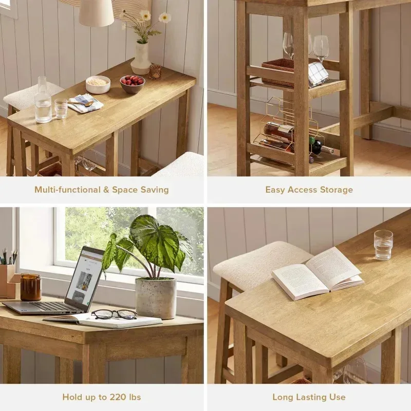 QAZ8-Kelly Contador de madera maciza, 2 taburetes Boucle, juego de 3 piezas 2. Mesa de isla pequeña con estantes de almacenamiento. Para sala de estar. Comedor