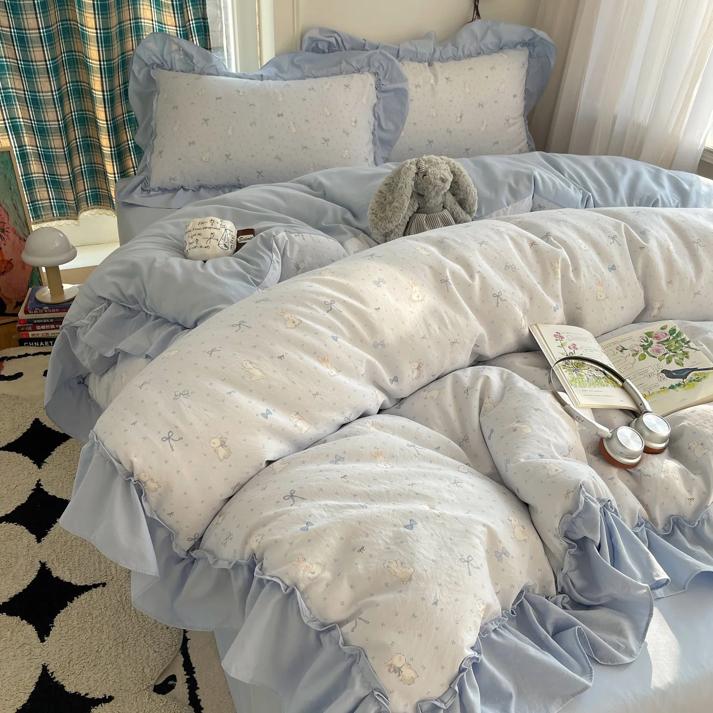 ensemble-de-literie-3-4-pieces-style-princesse-coreenne-bleu-minimaliste-linge-de-lit-avec-volants-coton-drap-plat-d'ete-housse-de-couette-taie-d'oreiller