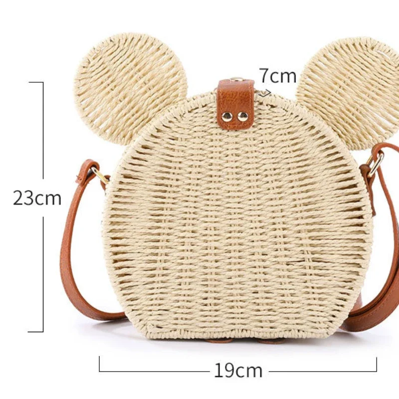 Disney Mickey\'s New Straw Style Bag Cartoon Fashion Cute Women\'s Handbag Tengteng Travel Leisure Vacation Small Round Beach Bag